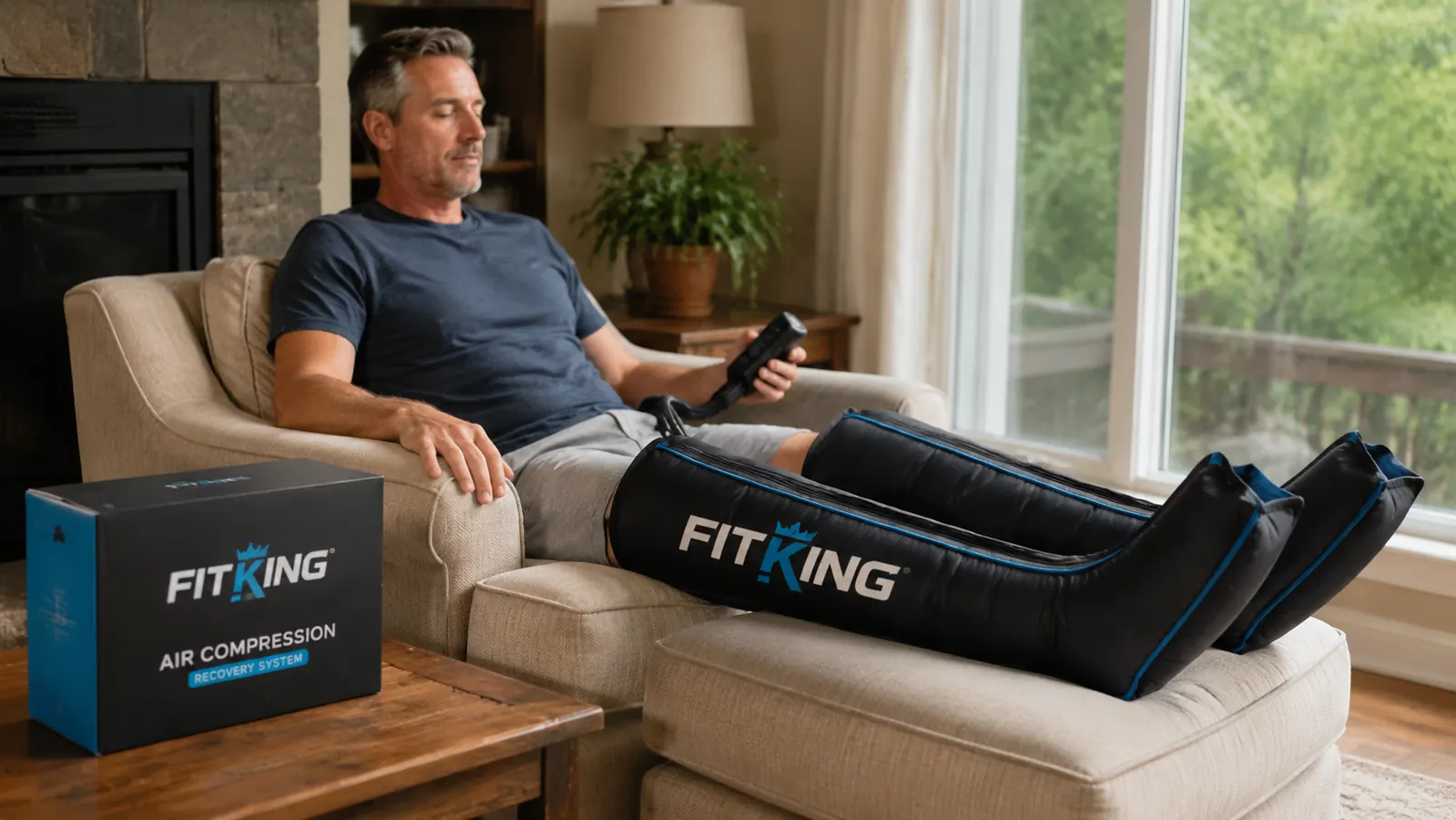 Air compression leg massager boots inflated around the calf and foot during a recovery session