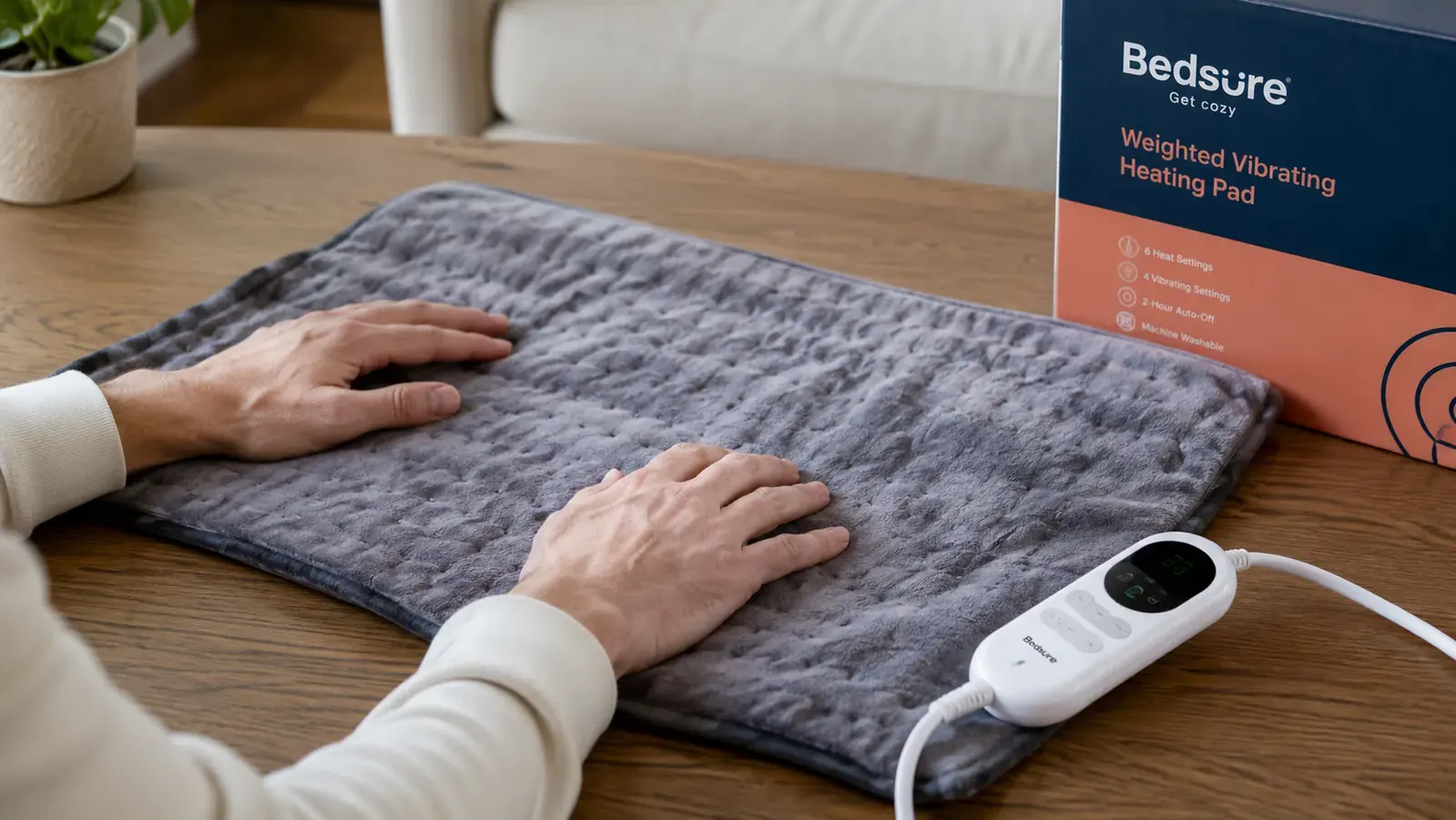 Bedsure heating pad laid flat on a table showing the weighted texture and control cord