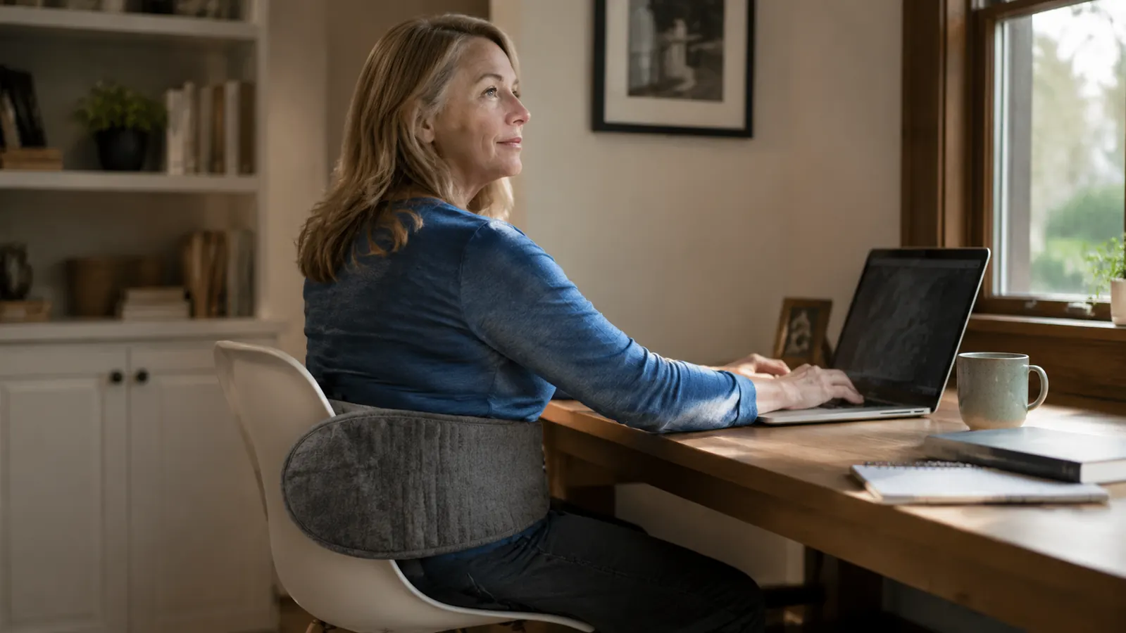 Person using a heated pad on their lower back while seated at a desk at home