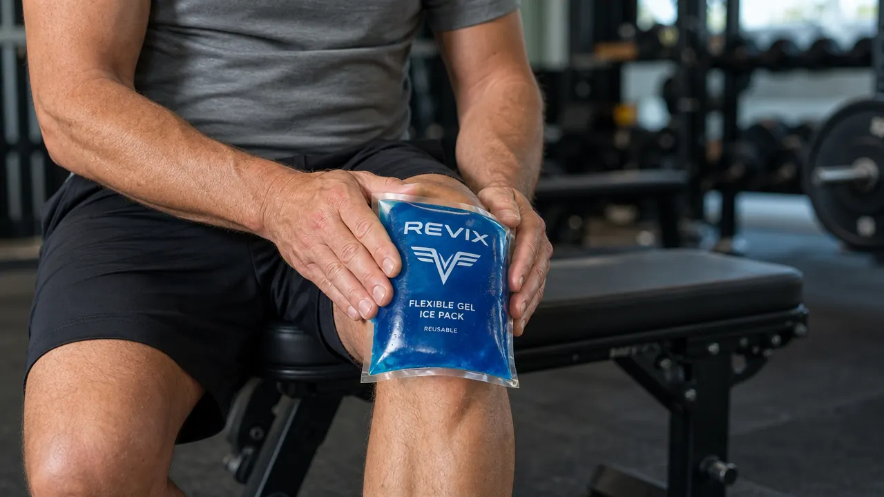 Person applying a flexible REVIX gel ice pack to a sore knee after a workout