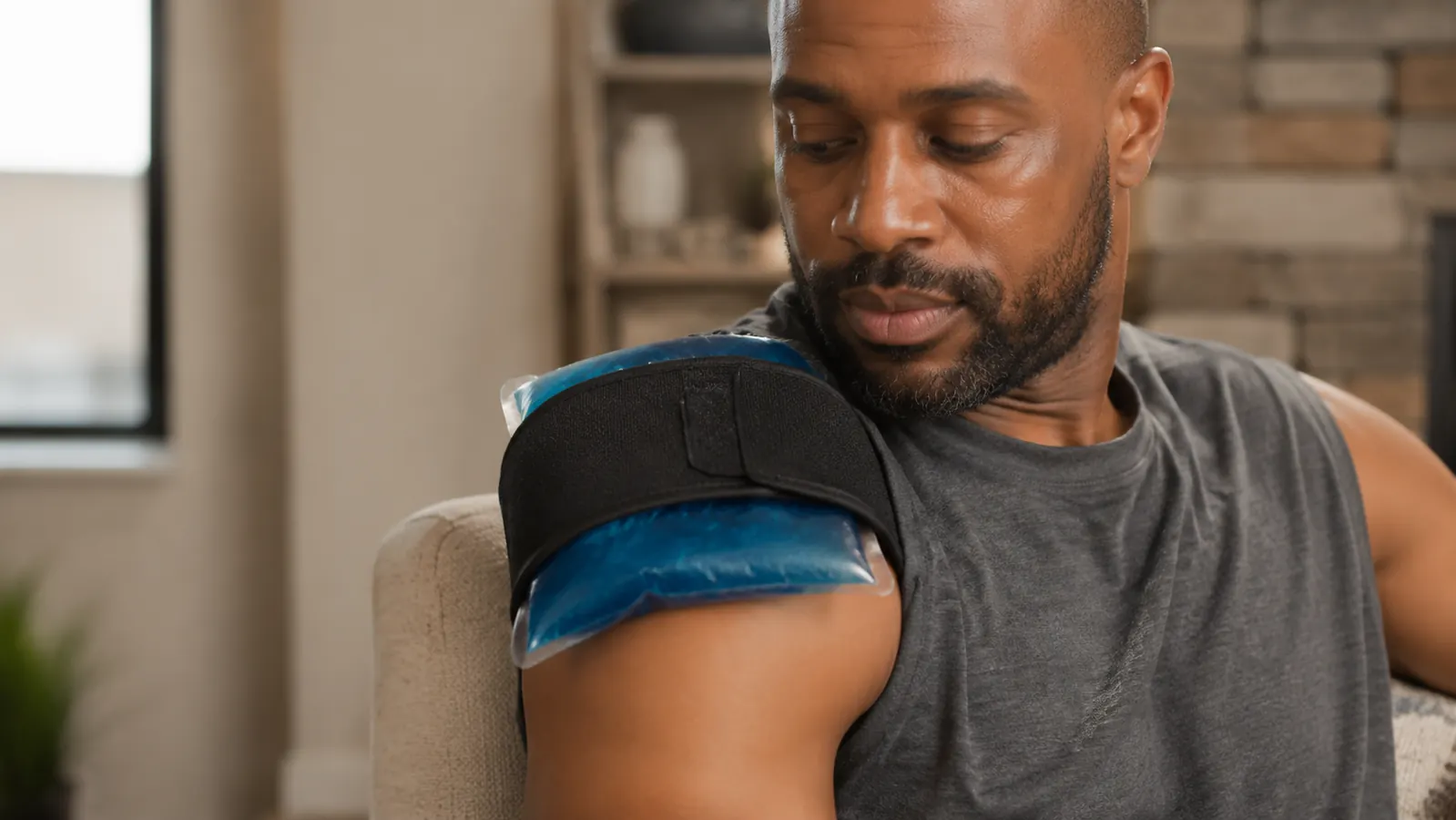 Flexible gel ice pack wrapped around a shoulder with a compression strap in a home setting