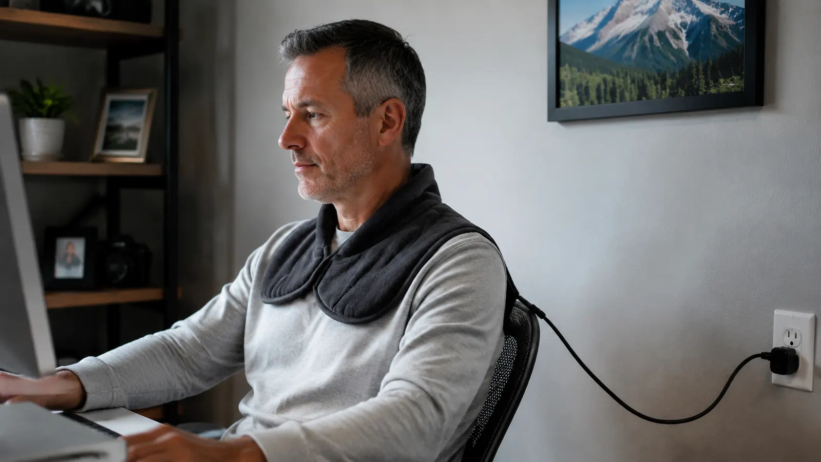 Person seated upright at a desk with the heating pad around their neck, cord clearly visible running to a wall outlet on the right side