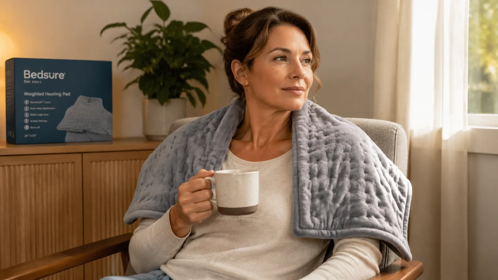 Bedsure weighted heating pad draped over someone's shoulders and neck while sitting in a chair