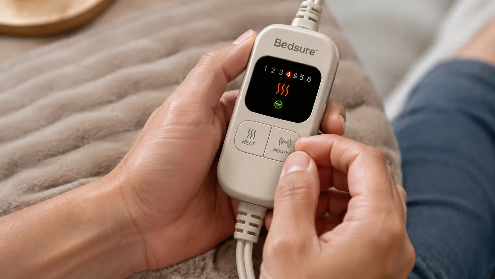 Close-up of hands holding a heating pad controller showing heat and vibration level buttons