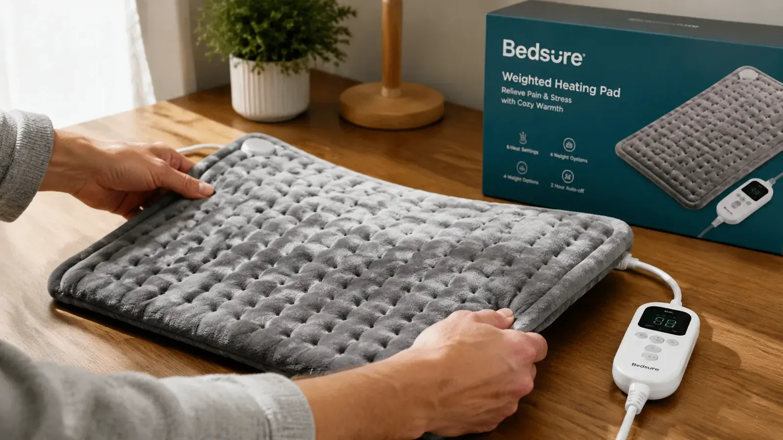 Bedsure heating pad laid flat showing the textured weighted surface and control cord