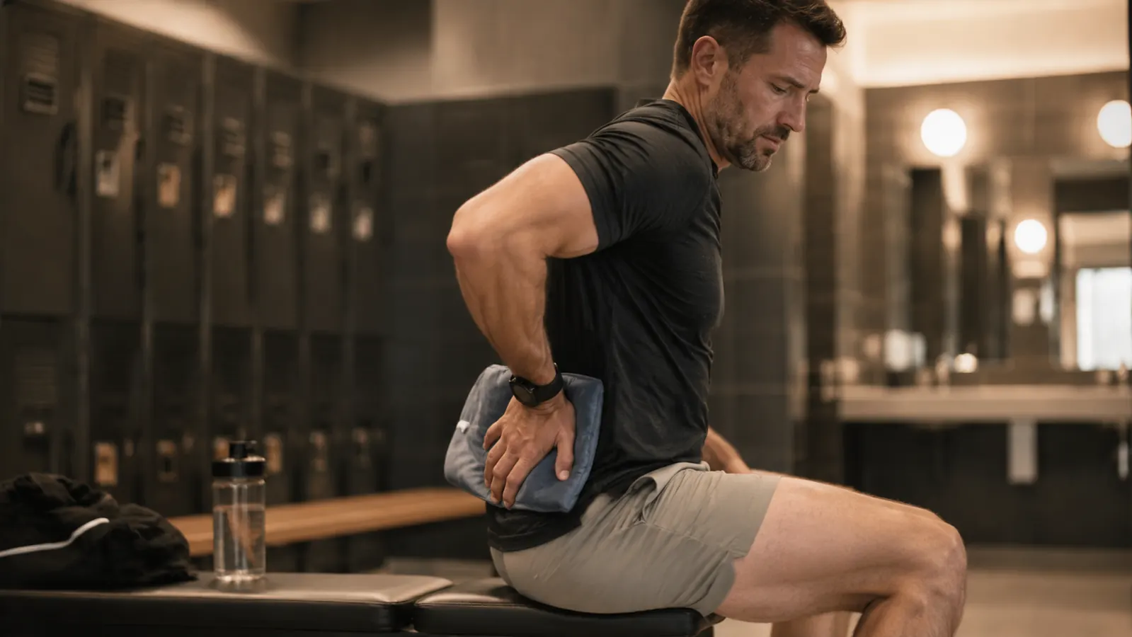Person using a heating pad on their lower back while sitting on a gym bench