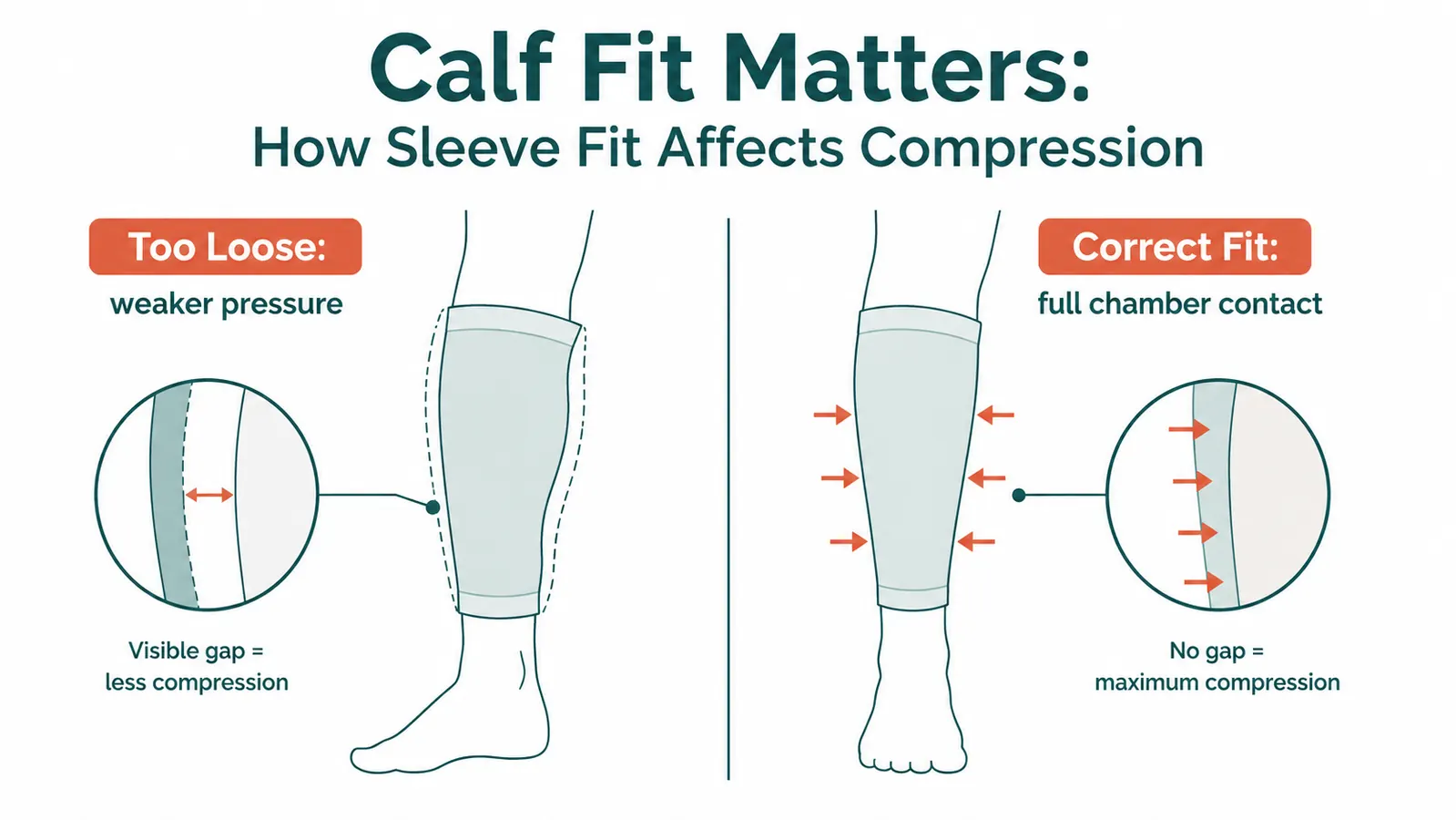 Side-by-side comparison showing a narrow-calf fit versus a correctly fitted air compression sleeve, illustrating the gap difference