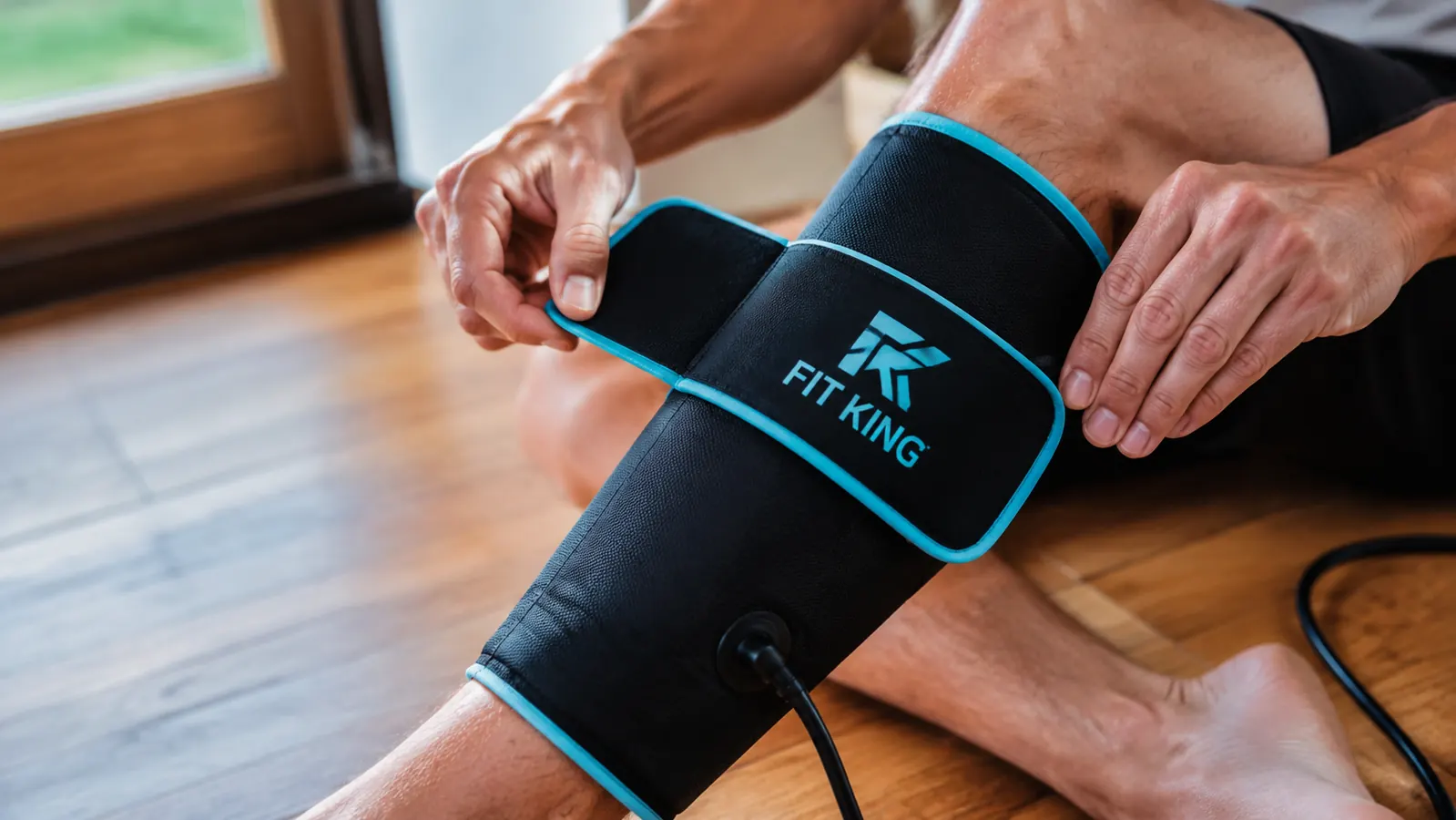 Close-up of hand fastening the velcro cuff of the FIT KING compression sleeve around a calf