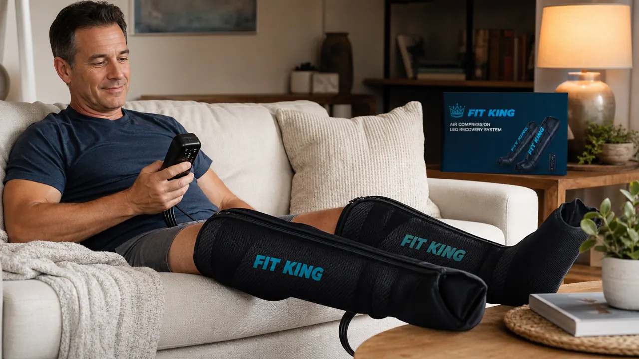 FIT KING air compression leg massager wrapped around calves on a couch, remote visible in hand