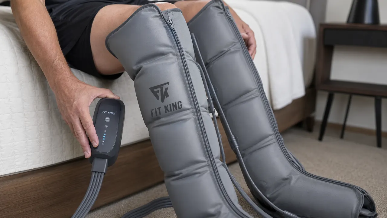 Close-up of legs in compression sleeves inflating, showing the wrap snug against the calf