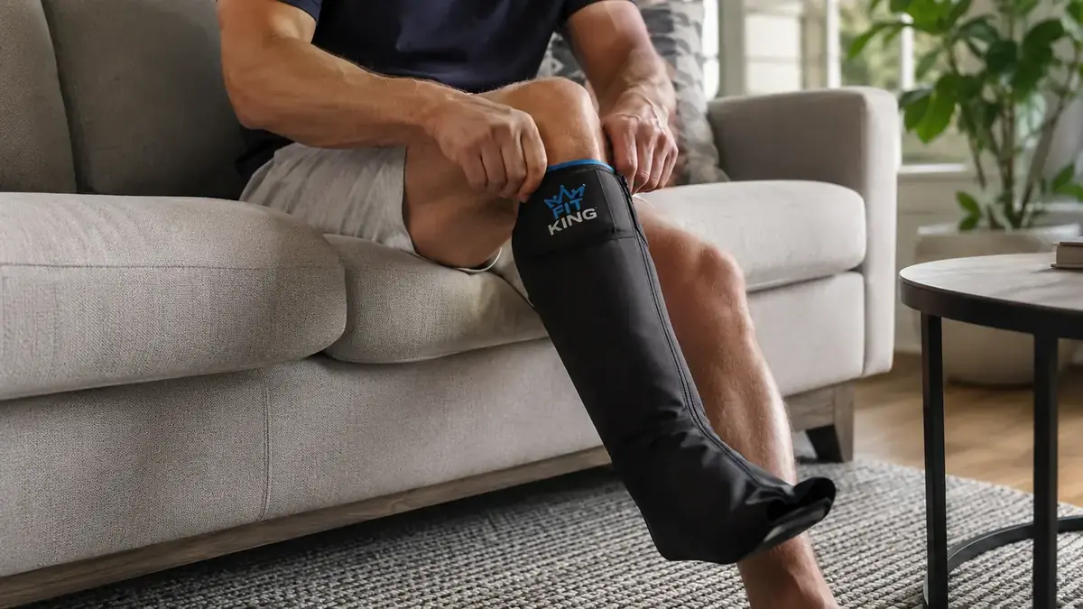 Person sliding on FIT KING compression boot sleeve over their calf before a session