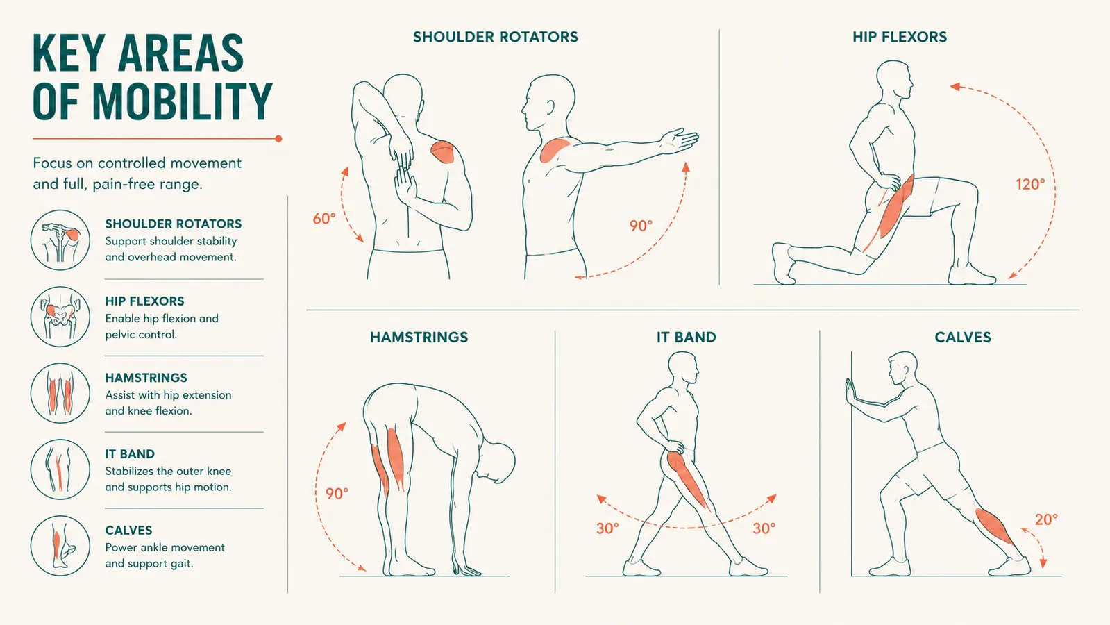 Diagram showing five common tight muscle groups with approximate range of motion improvement arrows