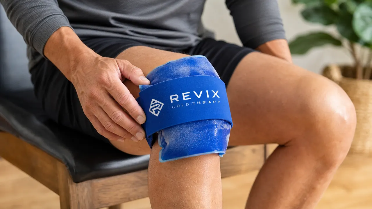 Flexible gel ice pack wrapped around a knee with an elastic strap, fresh out of the freezer with frost on the surface