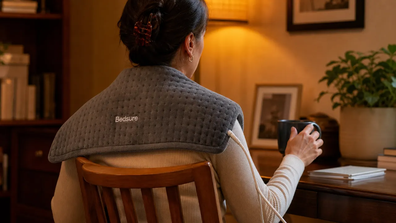 Close-up of a Bedsure weighted heating pad draped over a person's upper back and shoulders while they sit in a chair