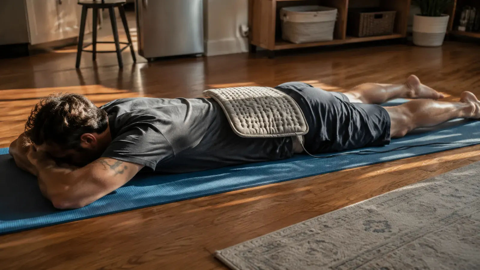 Active adult stretching out on a yoga mat after a workout, a heating pad resting on their lower back