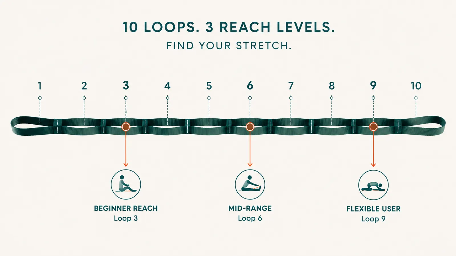 Diagram showing the 10 loops of the OPTP Stretch Out Strap spaced at regular intervals with arrows indicating how grip position changes the stretch angle