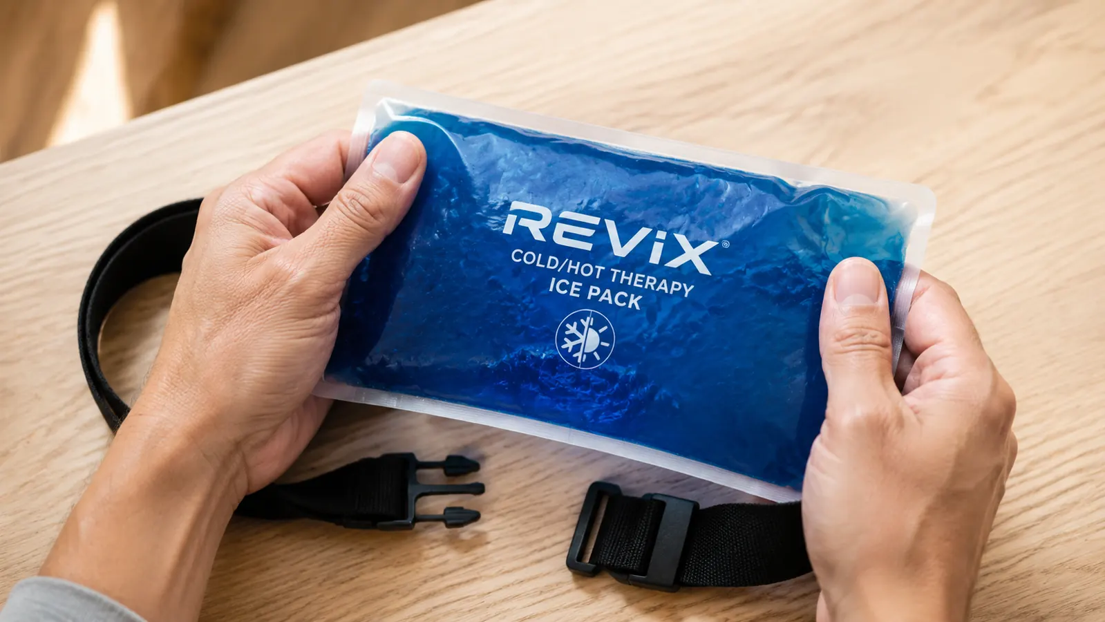 REVIX ice pack laid flat showing the gel surface and elastic strap system