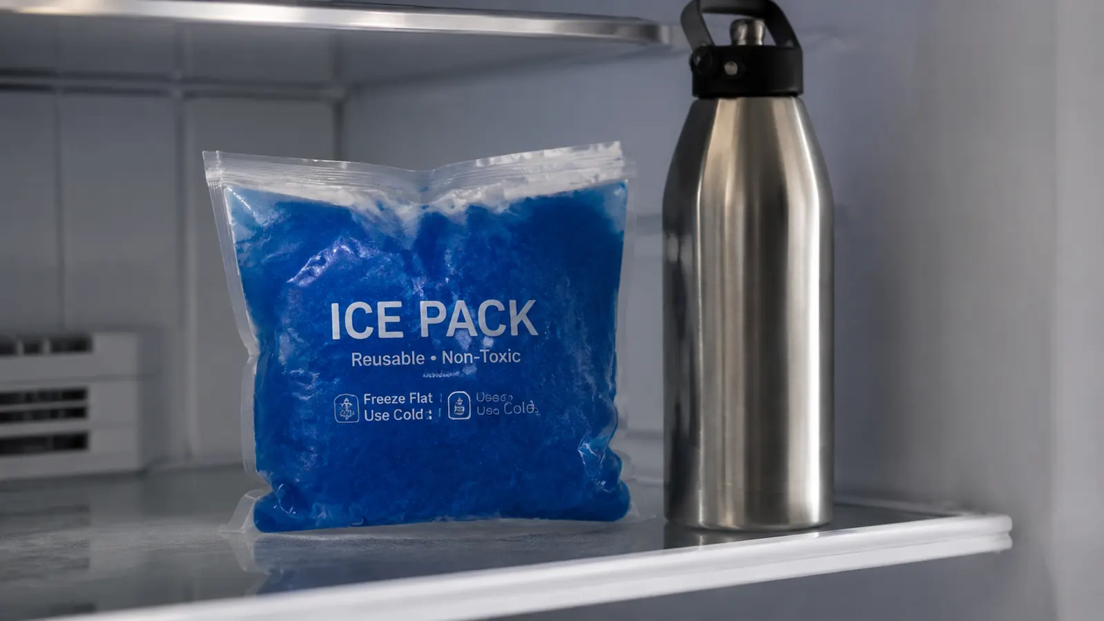 Close-up of a gel ice pack in a freezer on a shelf next to a water bottle, easy to grab
