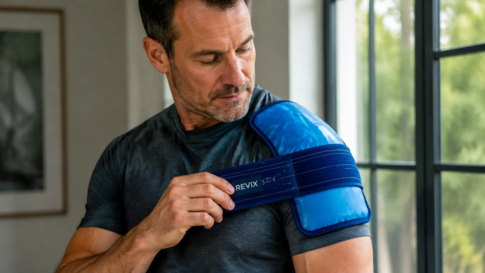 REVIX ice pack strapped securely around a person's shoulder with the elastic wrap visible