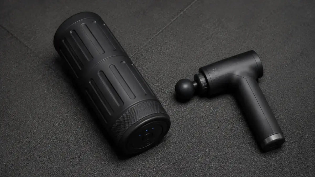 Side-by-side of a vibrating foam roller and a massage gun on a gym mat illustrating the two recovery tool options
