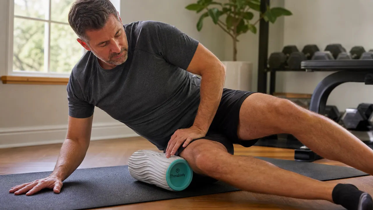 Person using the Therabody WaveRoller on their IT band, seated on a yoga mat in a bright home gym