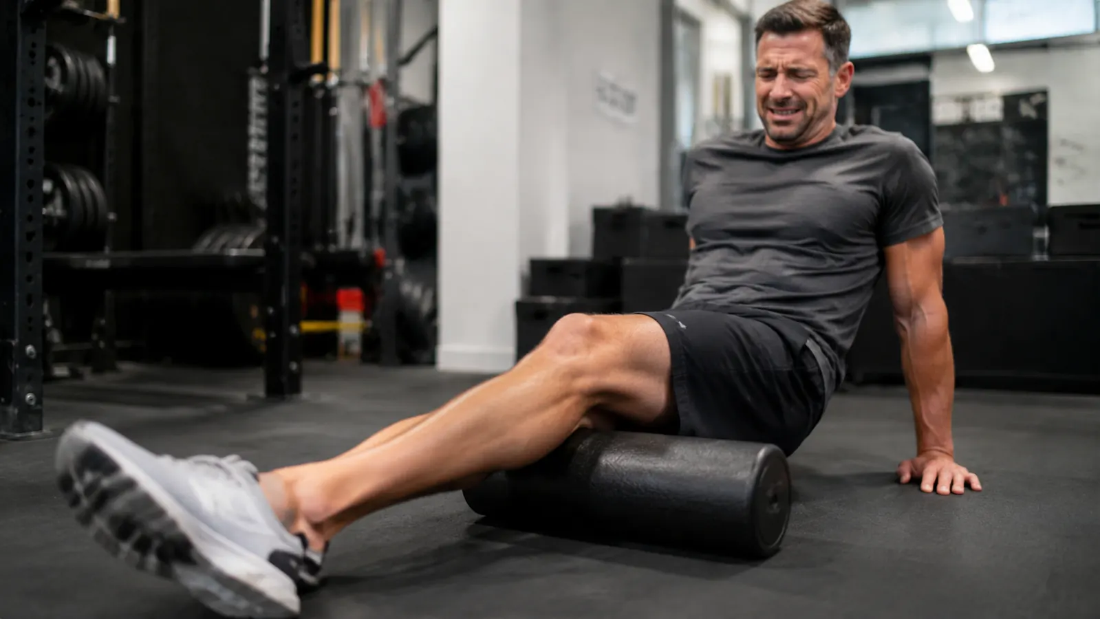 A person rolling out tight calf muscles with a plain foam roller on a gym mat, grimacing slightly from muscle tension